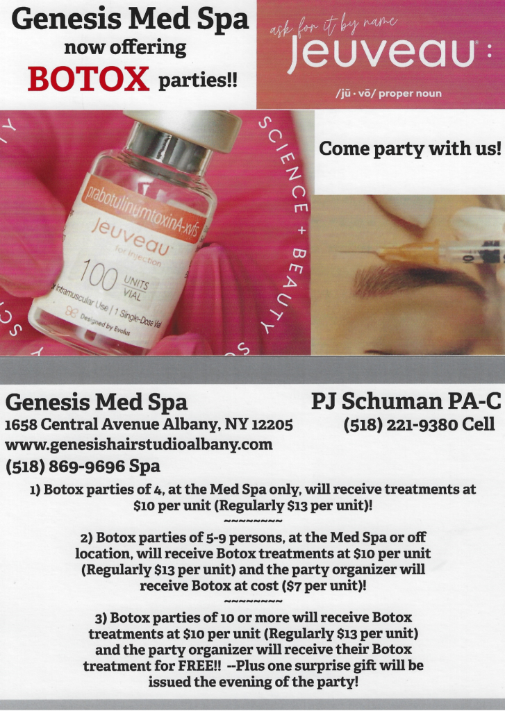 Genesis Med Spa offers BOTOX parties. Various part options, contact (518)869-9696 for more. (Picture 2)